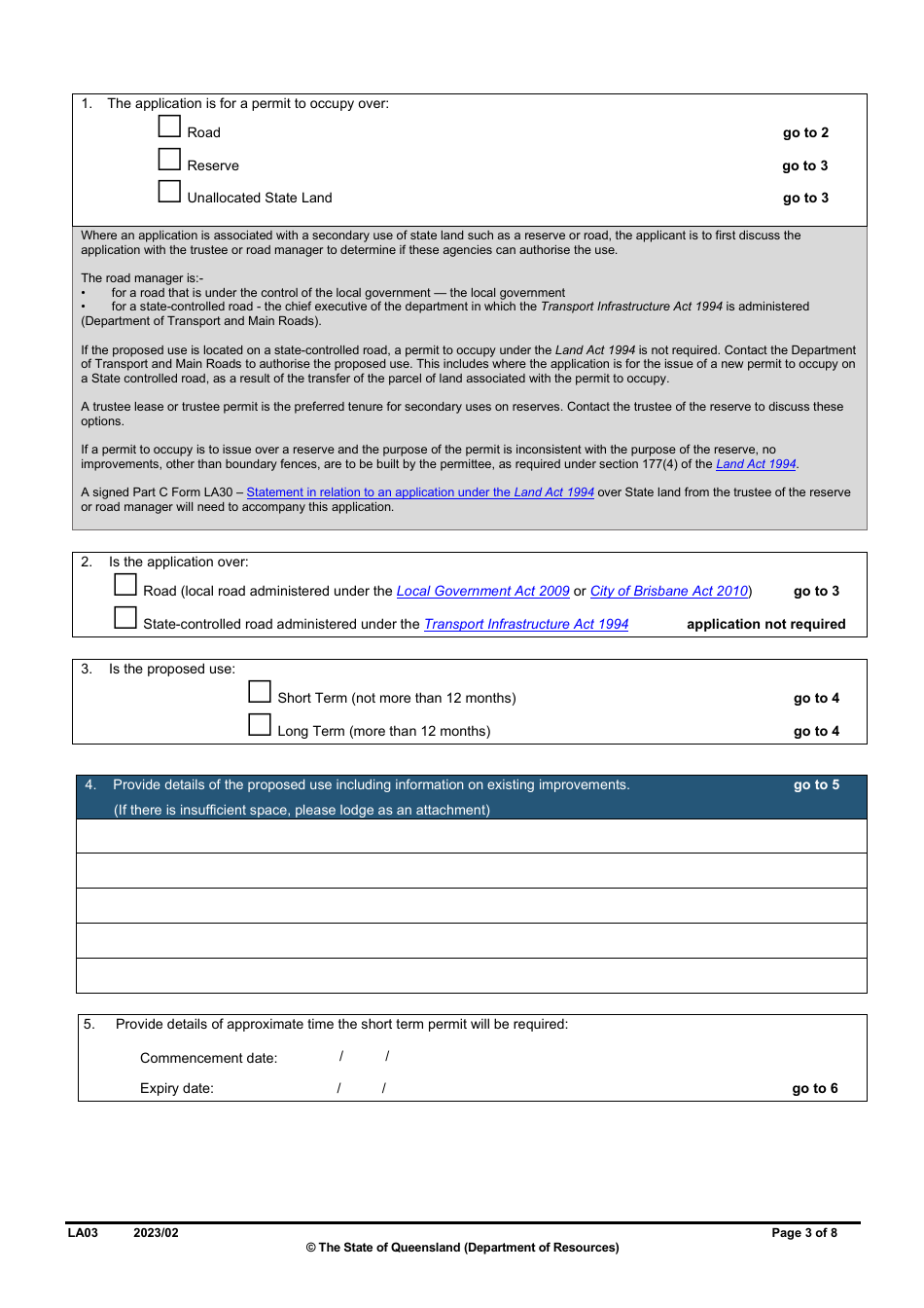 Form LA03 Part B Permit to Occupy Application - Queensland, Australia, Page 3