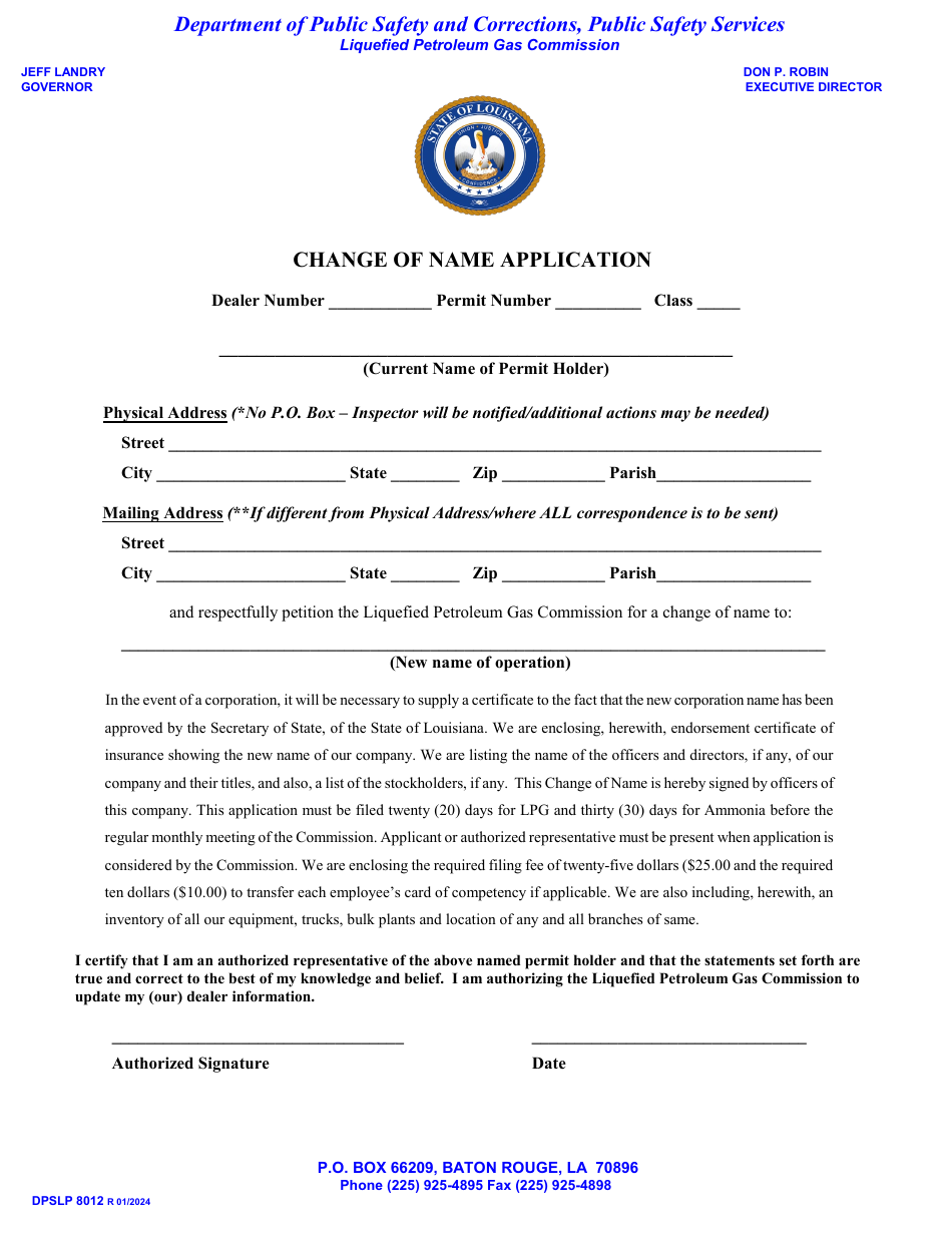 Form DPSLP8012 Change of Name Application - Louisiana, Page 1