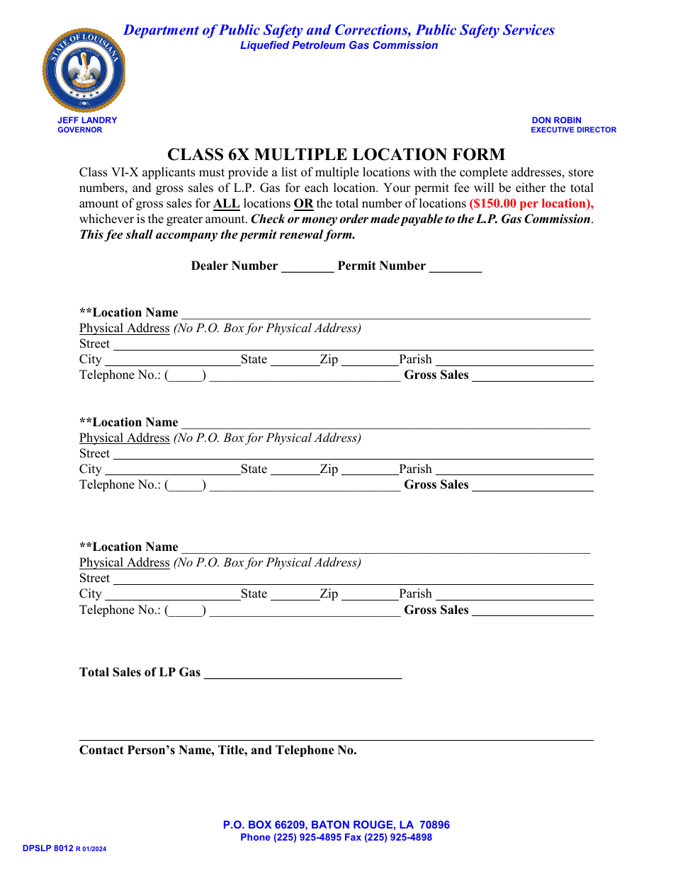 Form DPSLP8012 Class 6x Multiple Location Form - Louisiana, Page 1