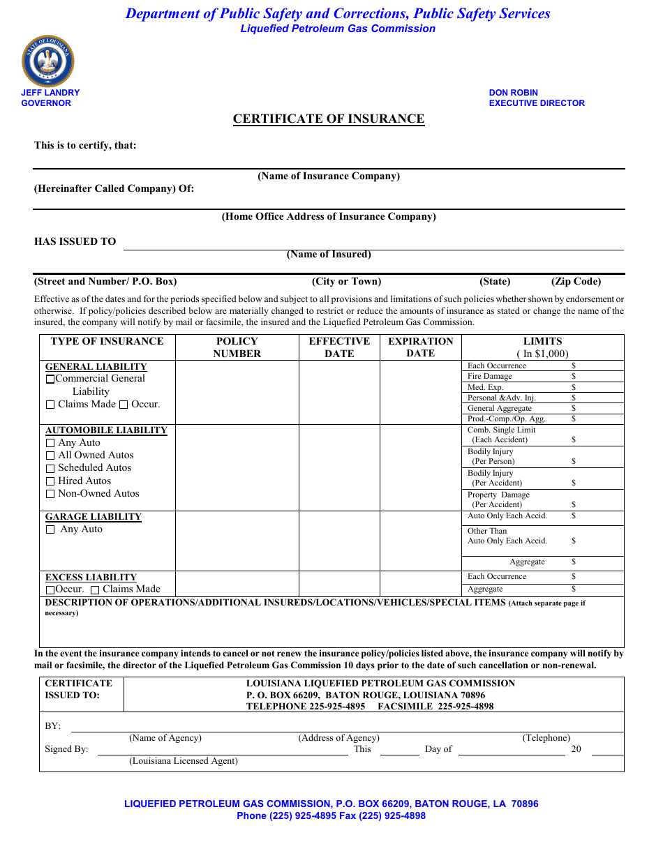 Certificate of Insurance - Louisiana, Page 1