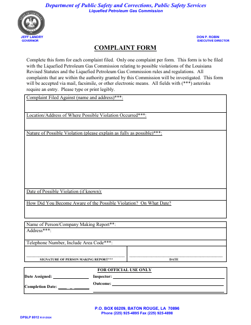Form DPSLP8012 Complaint Form - Louisiana