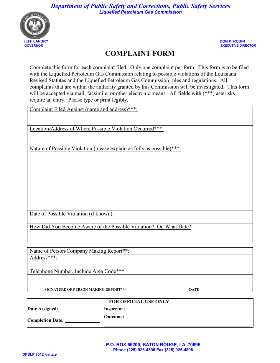 Form DPSLP8012 Complaint Form - Louisiana, Page 1