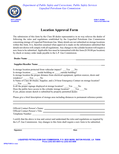 Form DPSLP8012 Location Approval Form - Louisiana