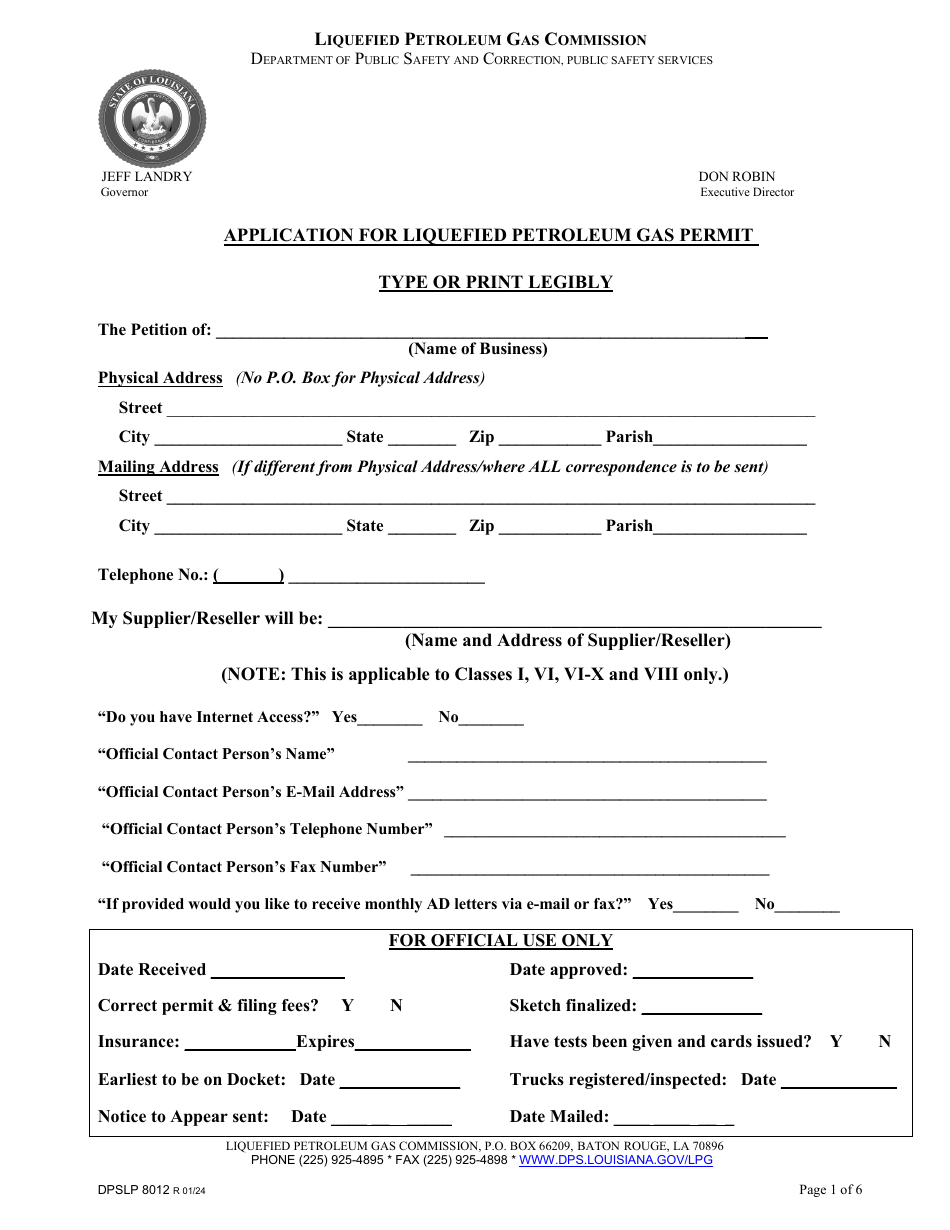 Form DPSLP8012 Application for Liquefied Petroleum Gas Permit - Louisiana, Page 1