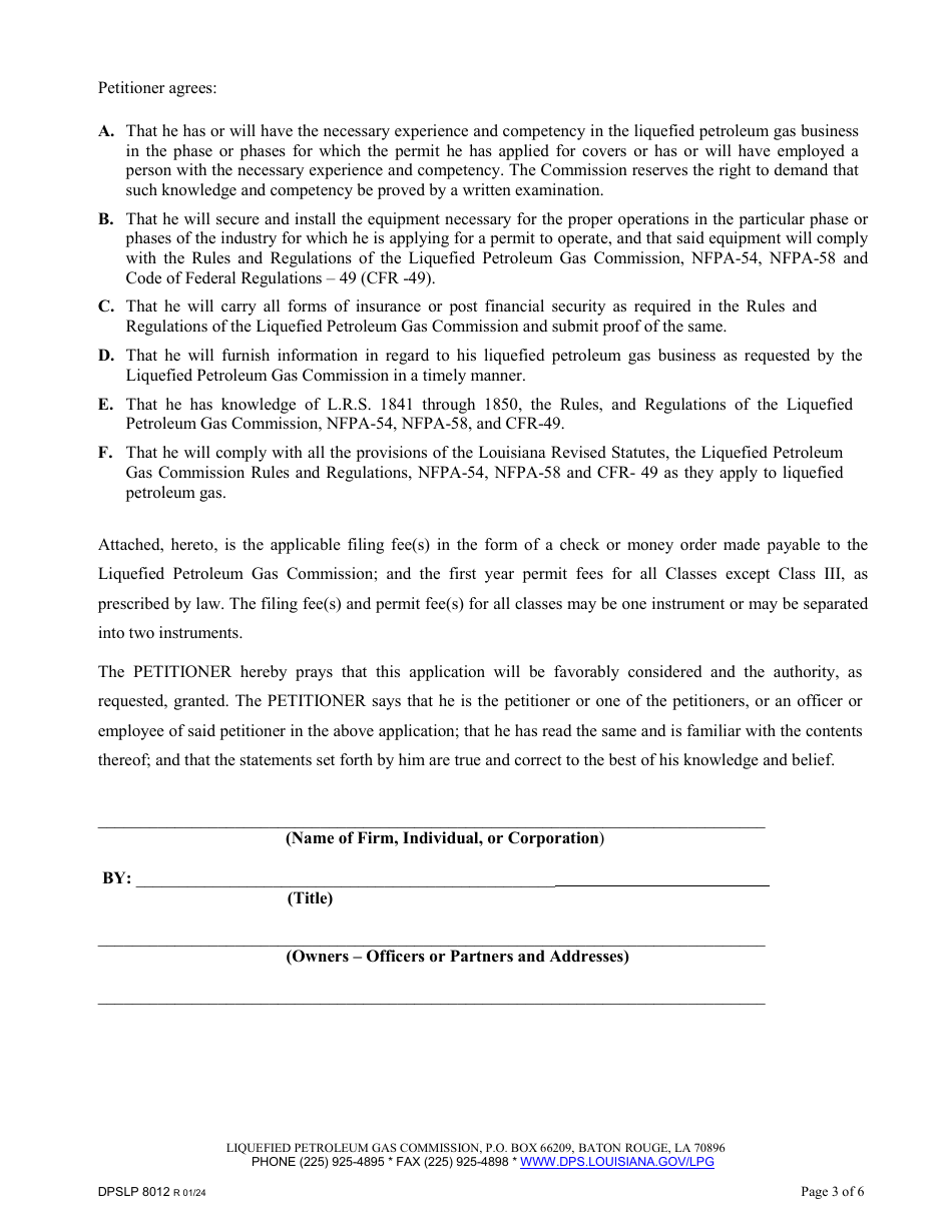 Form DPSLP8012 Application for Liquefied Petroleum Gas Permit - Louisiana, Page 3