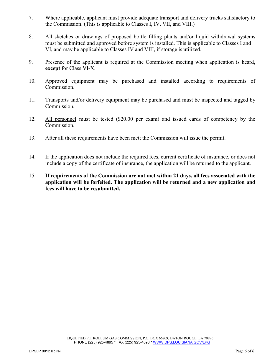 Form DPSLP8012 Application for Liquefied Petroleum Gas Permit - Louisiana, Page 6