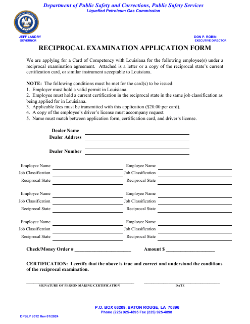 Form DPSLP8012 Reciprocal Examination Application Form - Louisiana