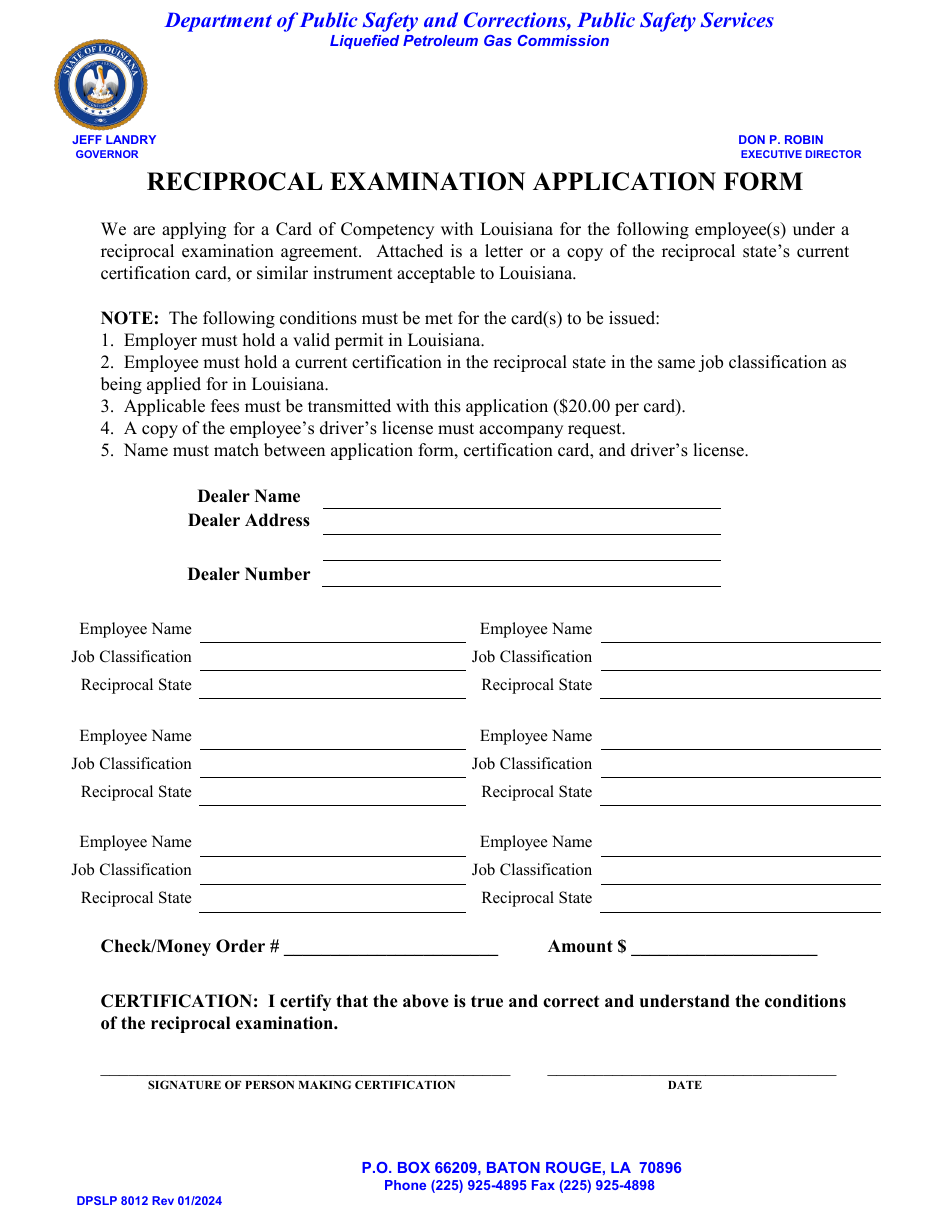 Form DPSLP8012 Reciprocal Examination Application Form - Louisiana, Page 1