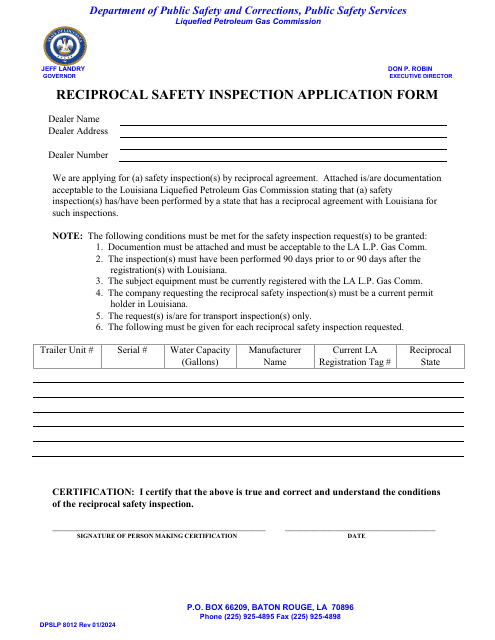 Form DPSLP8012 Reciprocal Safety Inspection Application Form - Louisiana
