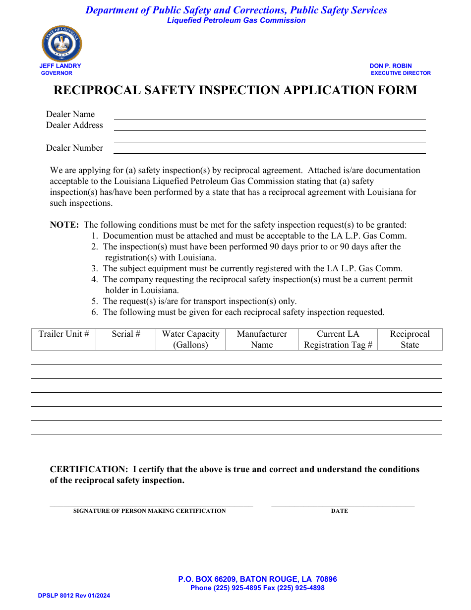 Form DPSLP8012 Reciprocal Safety Inspection Application Form - Louisiana, Page 1