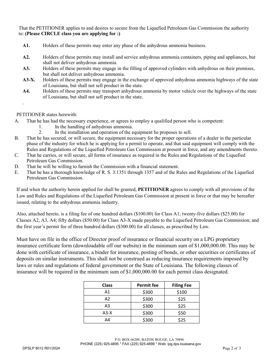 Form DPSLP8012 Application for Anhydrous Ammonia Permit - Louisiana, Page 2