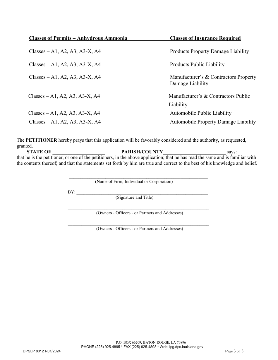 Form DPSLP8012 Application for Anhydrous Ammonia Permit - Louisiana, Page 3