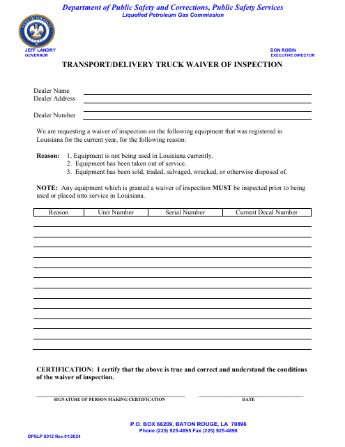 Form DPSLP8012 Transport/Delivery Truck Waiver of Inspection - Louisiana
