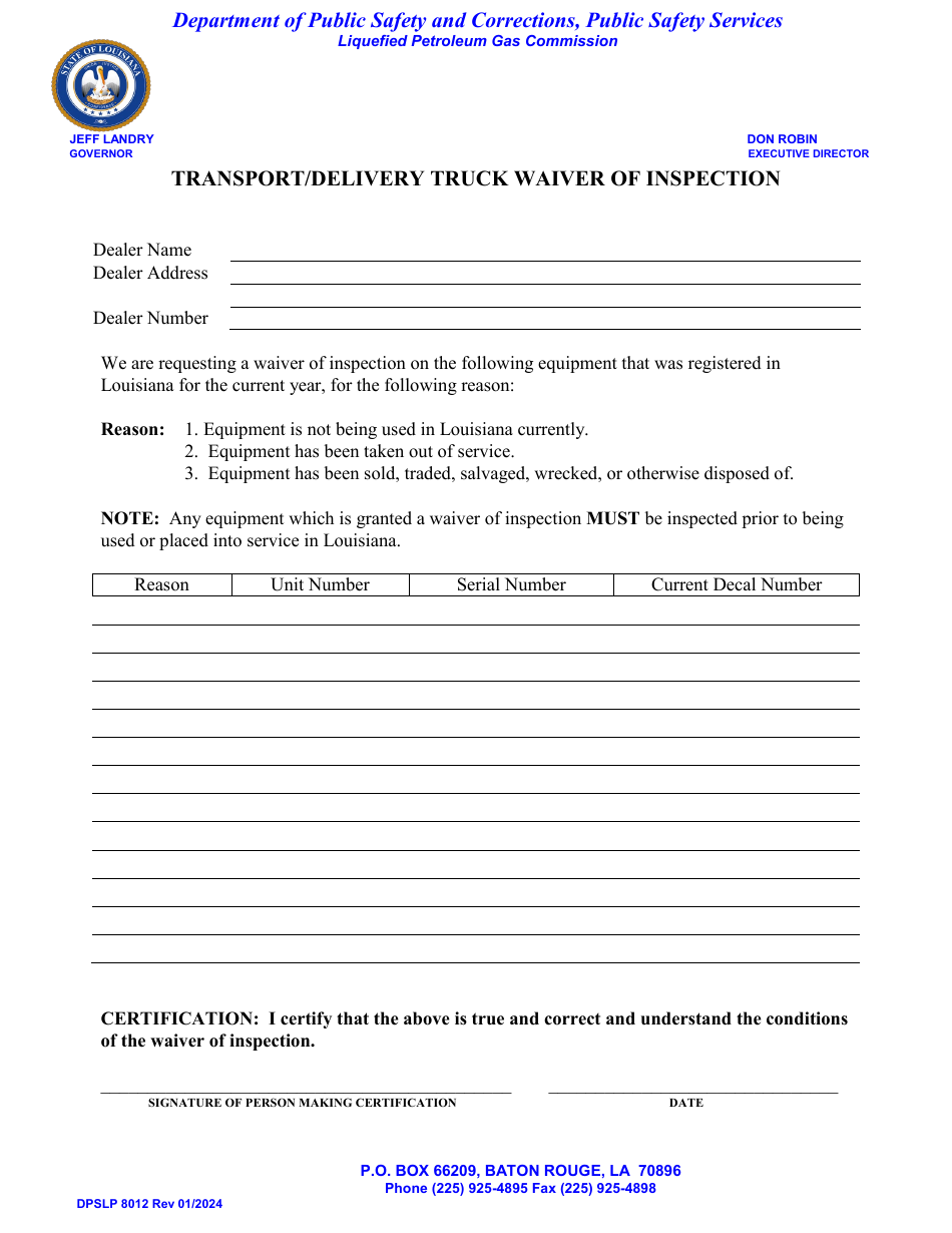 Form DPSLP8012 Transport / Delivery Truck Waiver of Inspection - Louisiana, Page 1