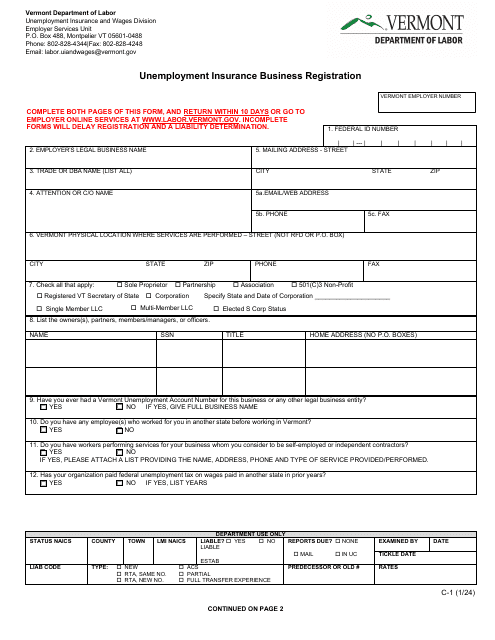 Form C-1 Unemployment Insurance Business Registration - Vermont