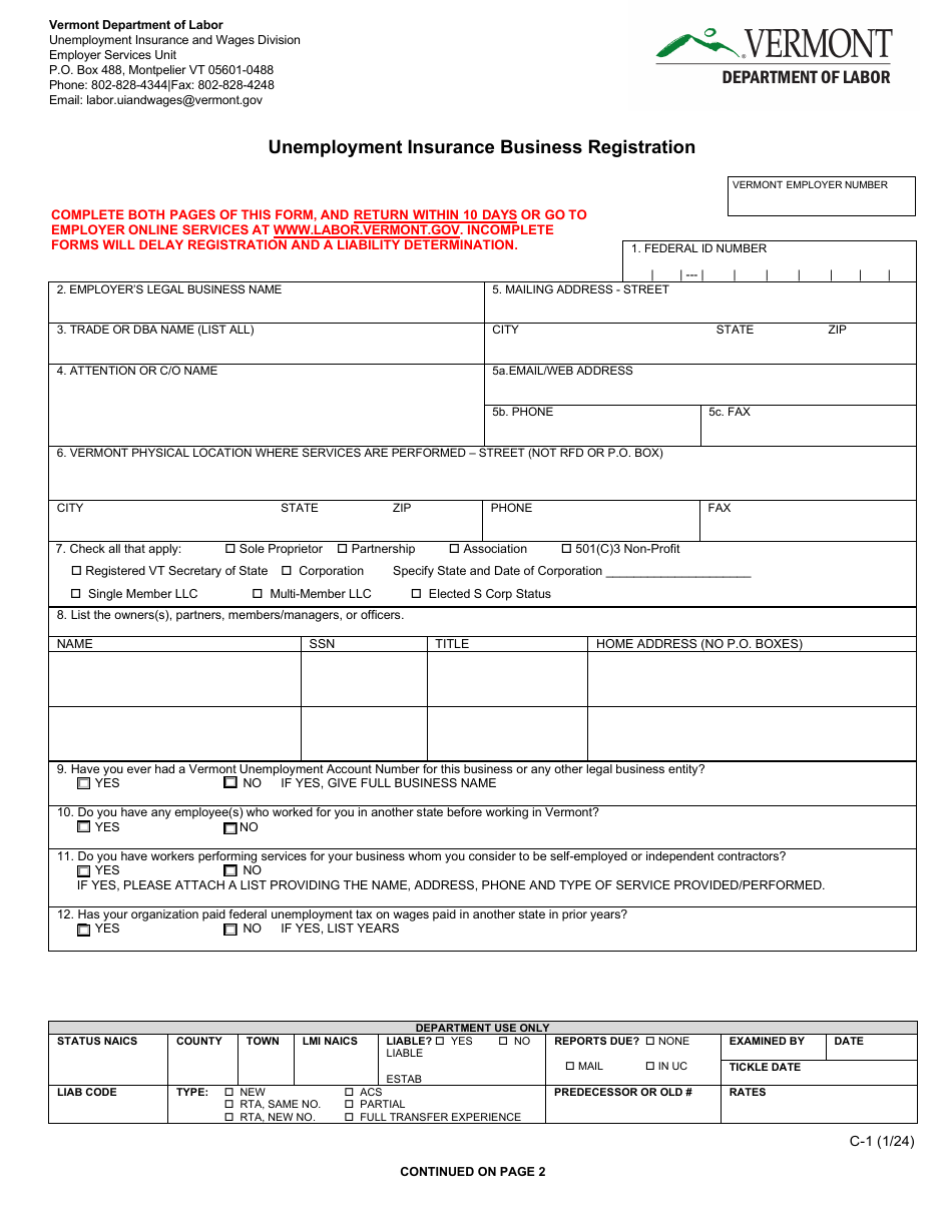 Form C-1 Unemployment Insurance Business Registration - Vermont, Page 1