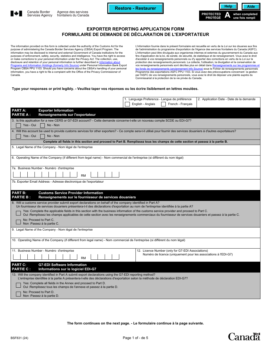 Form BSF831 Exporter Reporting Application Form - Canada (English / French), Page 1