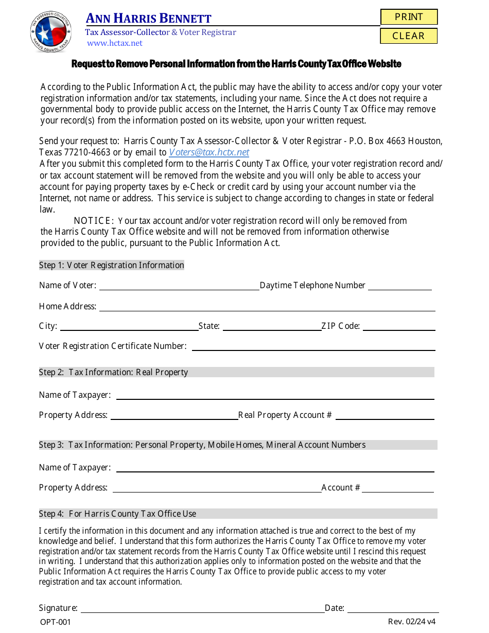 Form OPT-001 Request to Remove Personal Information From the Harris County Tax Office Website - Harris County, Texas, Page 1