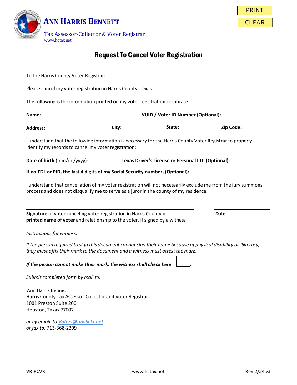 Form VR-RCVR Request to Cancel Voter Registration - Harris County, Texas, Page 1