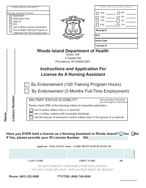 Application for License as a Nursing Assistant by Endorsement - Rhode Island Download Pdf