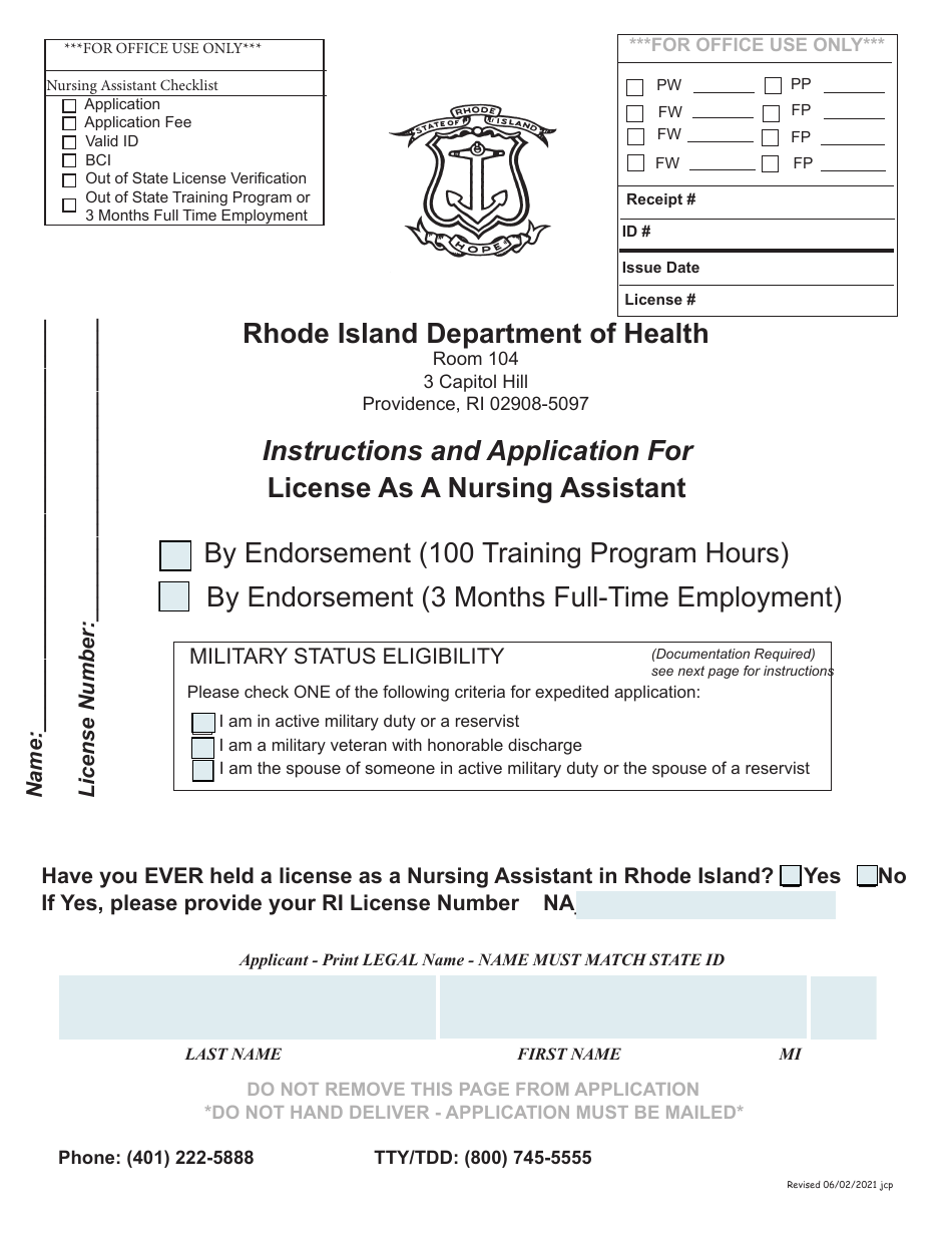 Application for License as a Nursing Assistant by Endorsement - Rhode Island, Page 1