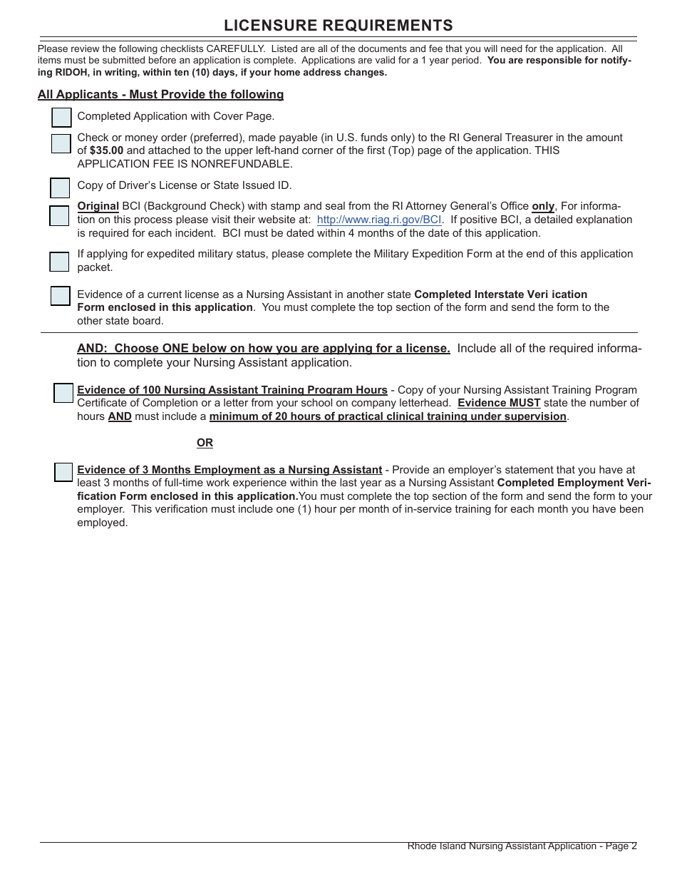 Application for License as a Nursing Assistant by Endorsement - Rhode Island, Page 2