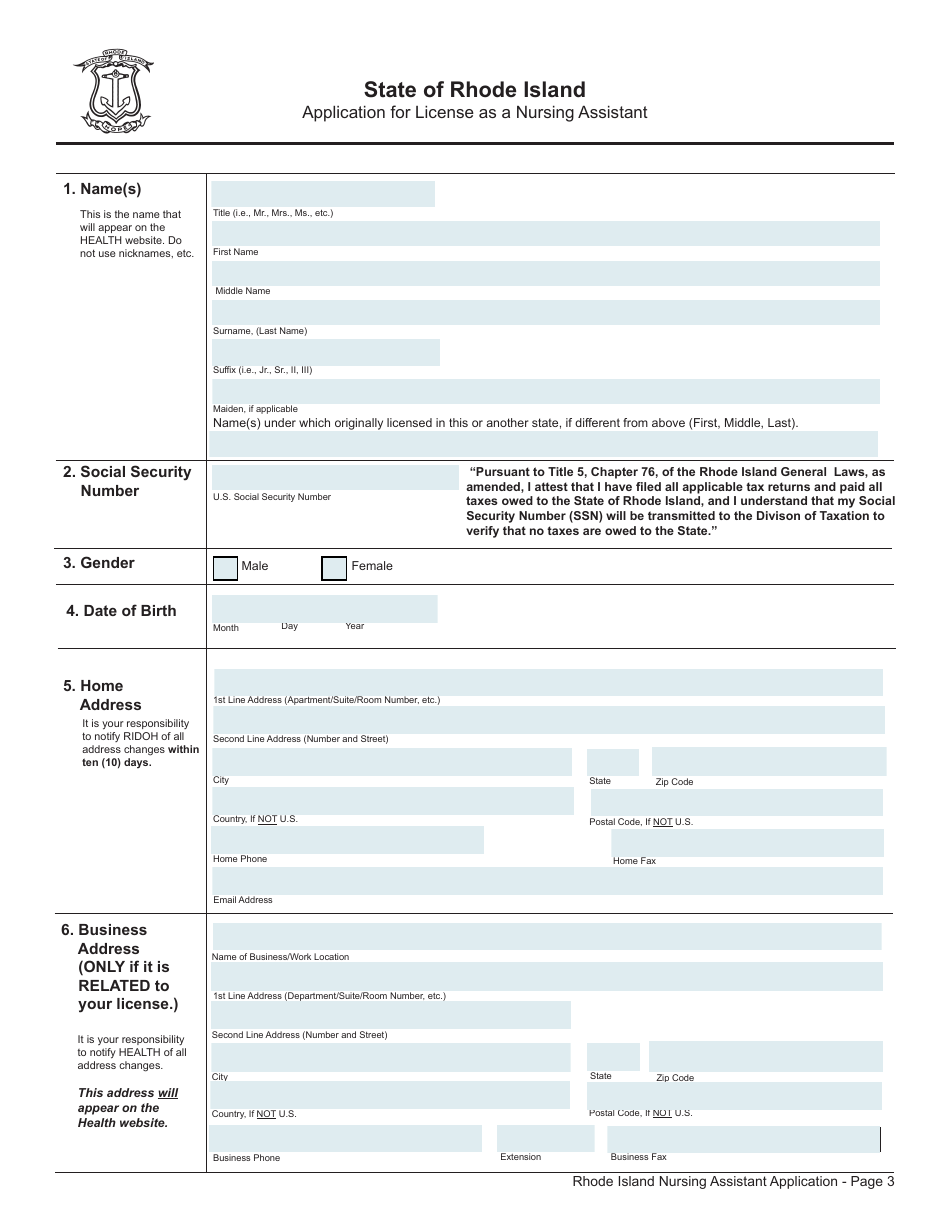Application for License as a Nursing Assistant by Endorsement - Rhode Island, Page 3