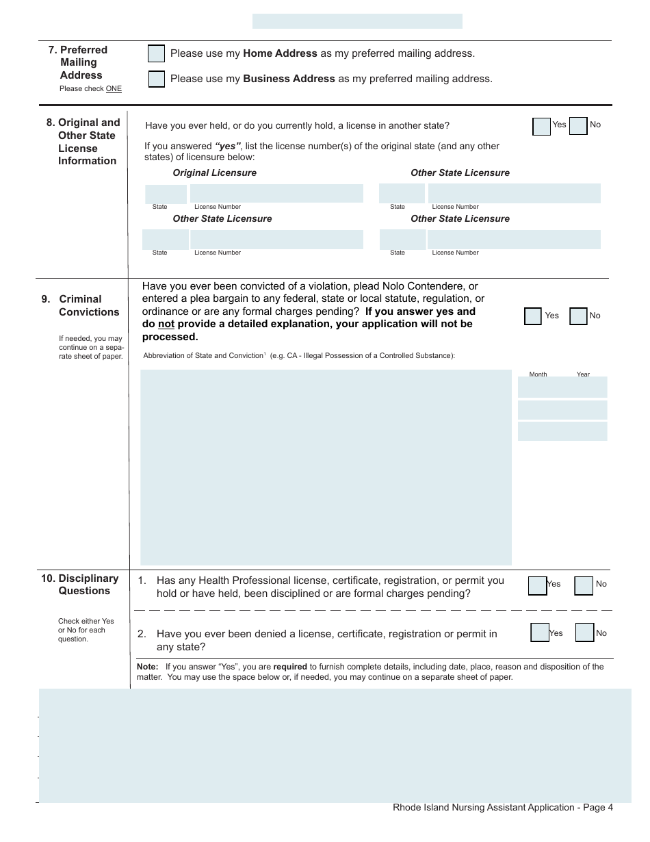Application for License as a Nursing Assistant by Endorsement - Rhode Island, Page 4