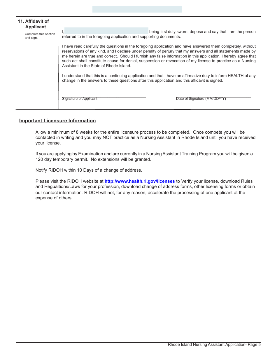 Application for License as a Nursing Assistant by Endorsement - Rhode Island, Page 5