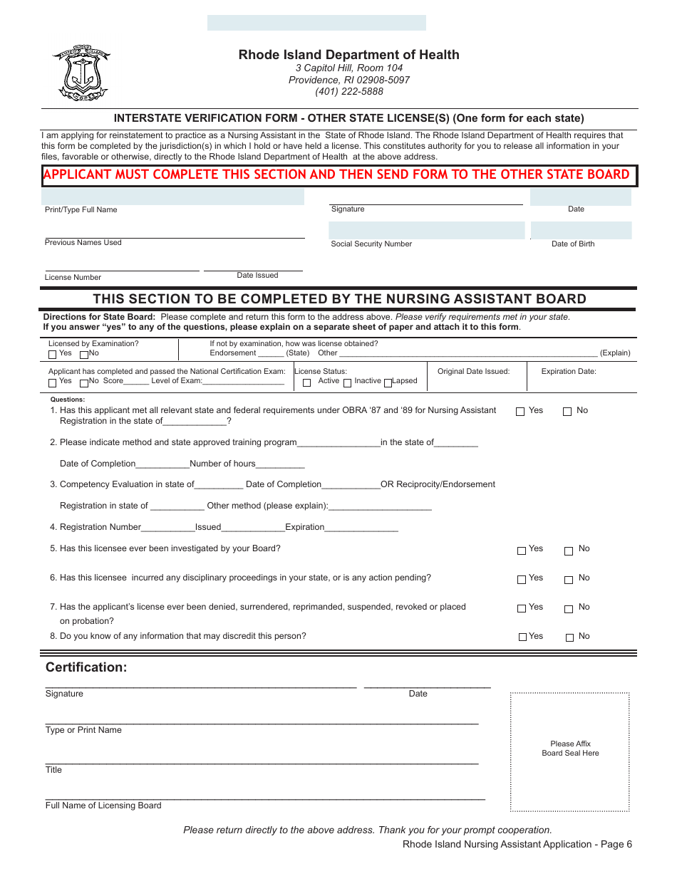 Application for License as a Nursing Assistant by Endorsement - Rhode Island, Page 6