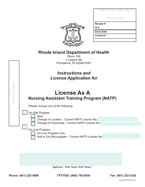 Application for License as a Nursing Assistant Training Program (Natp) - Rhode Island Download Pdf