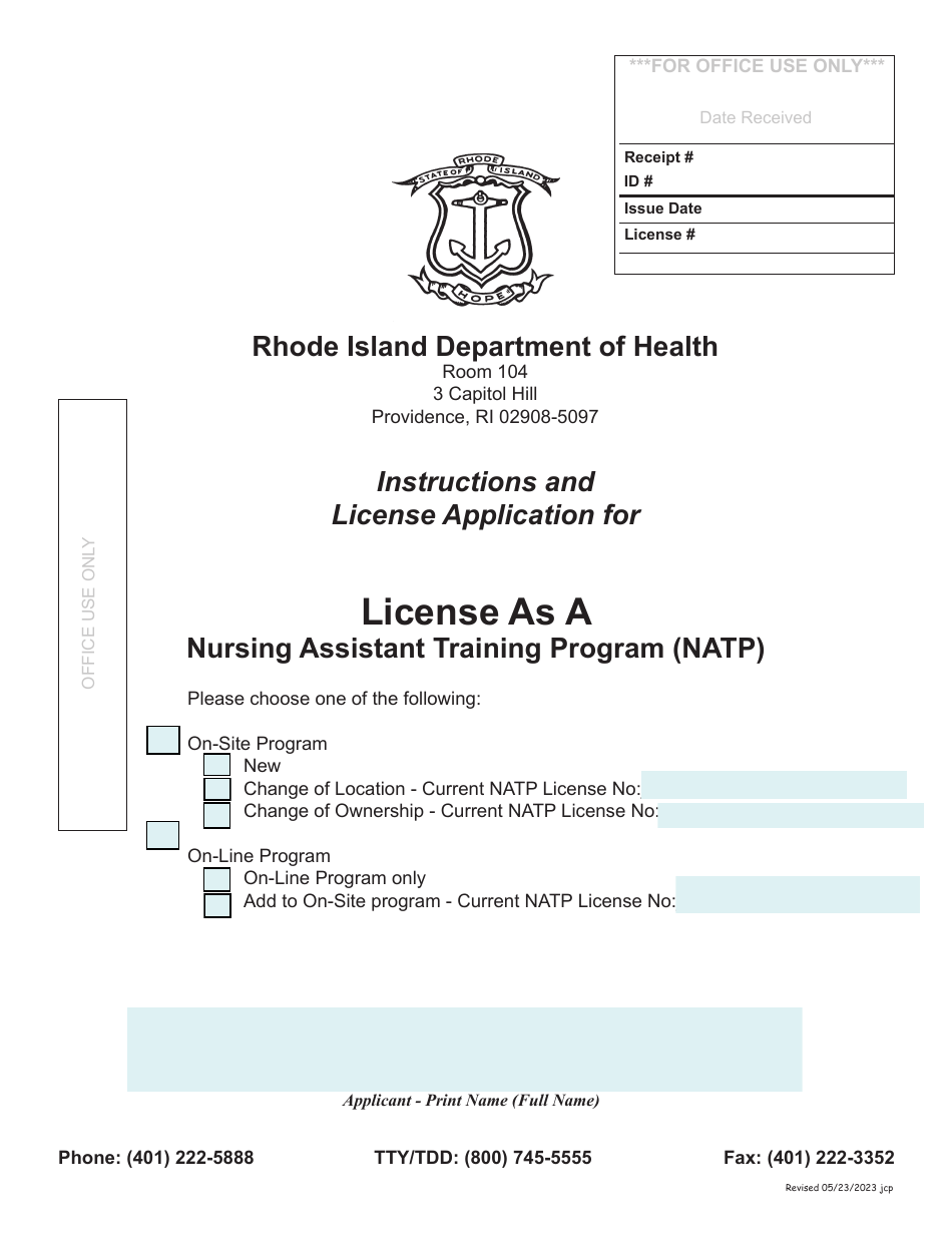 Application for License as a Nursing Assistant Training Program (Natp) - Rhode Island, Page 1