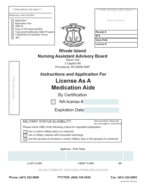 Application for License as a Medication Aide by Certification - Rhode Island Download Pdf