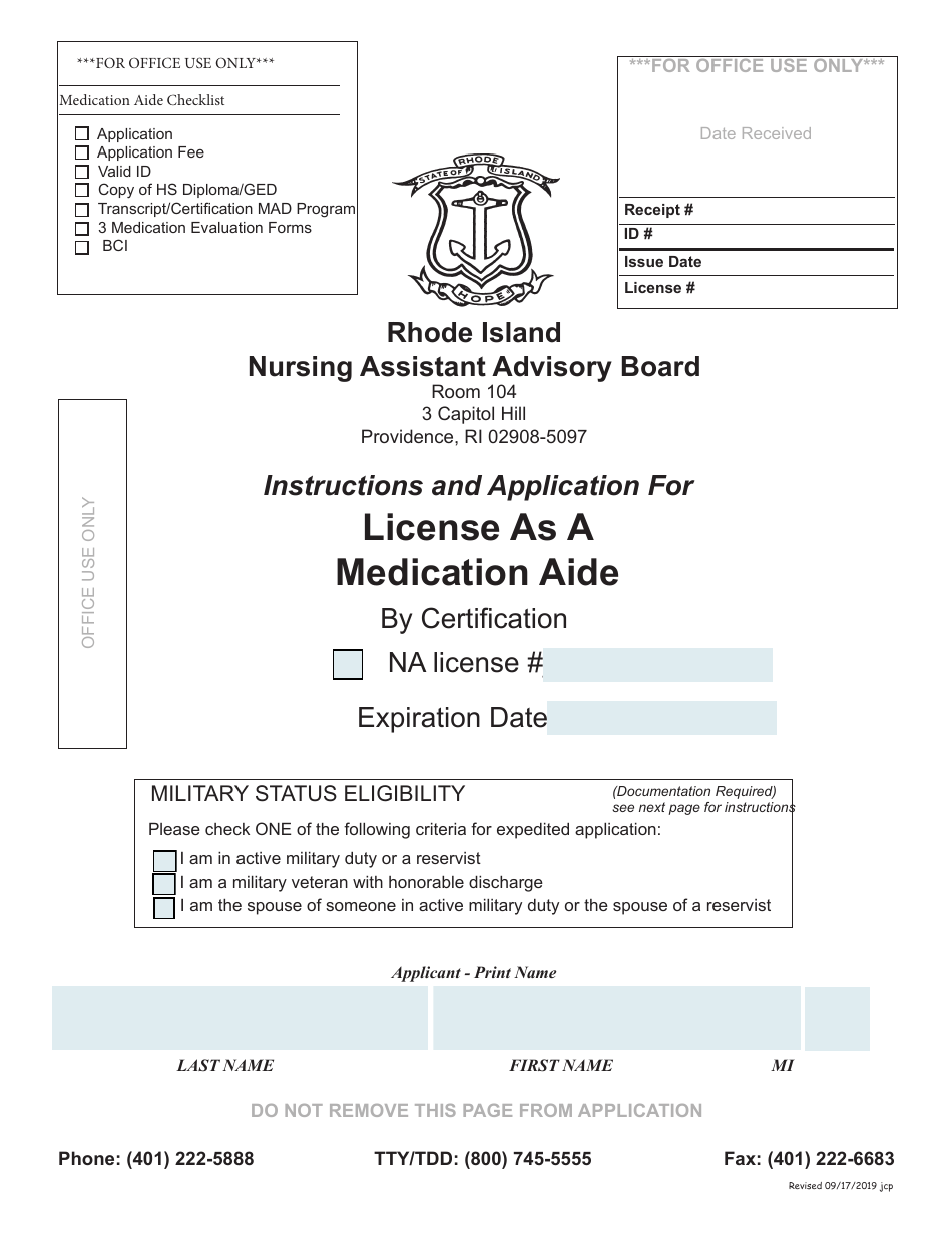 Application for License as a Medication Aide by Certification - Rhode Island, Page 1