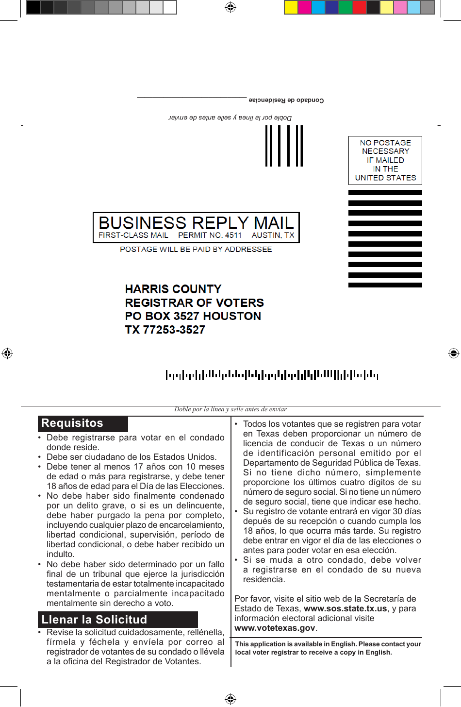 Solicitud De Registro Electoral En Texas - Harris County, Texas (Spanish), Page 1