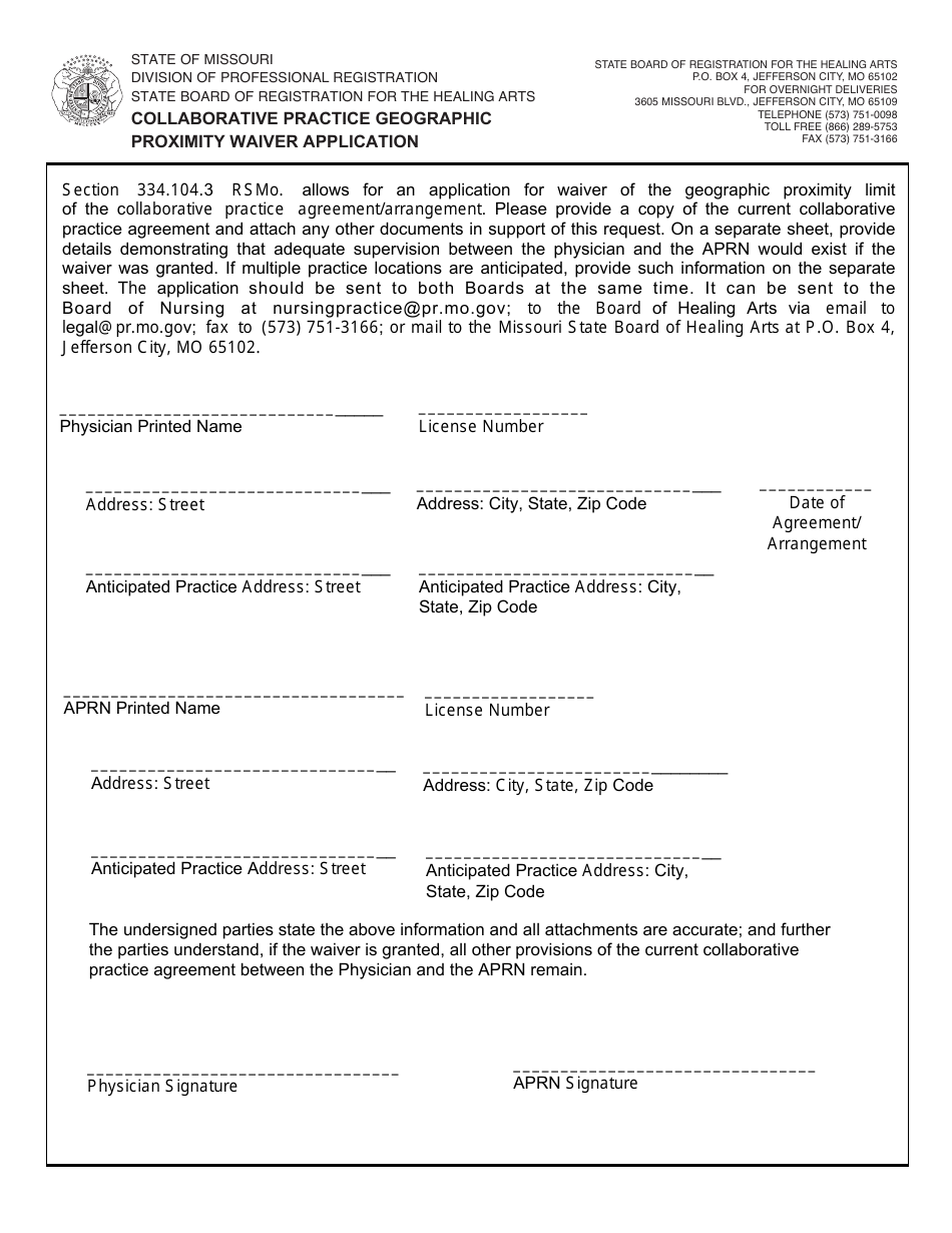 Collaborative Practice Geographic Proximity Waiver Application - Missouri, Page 1