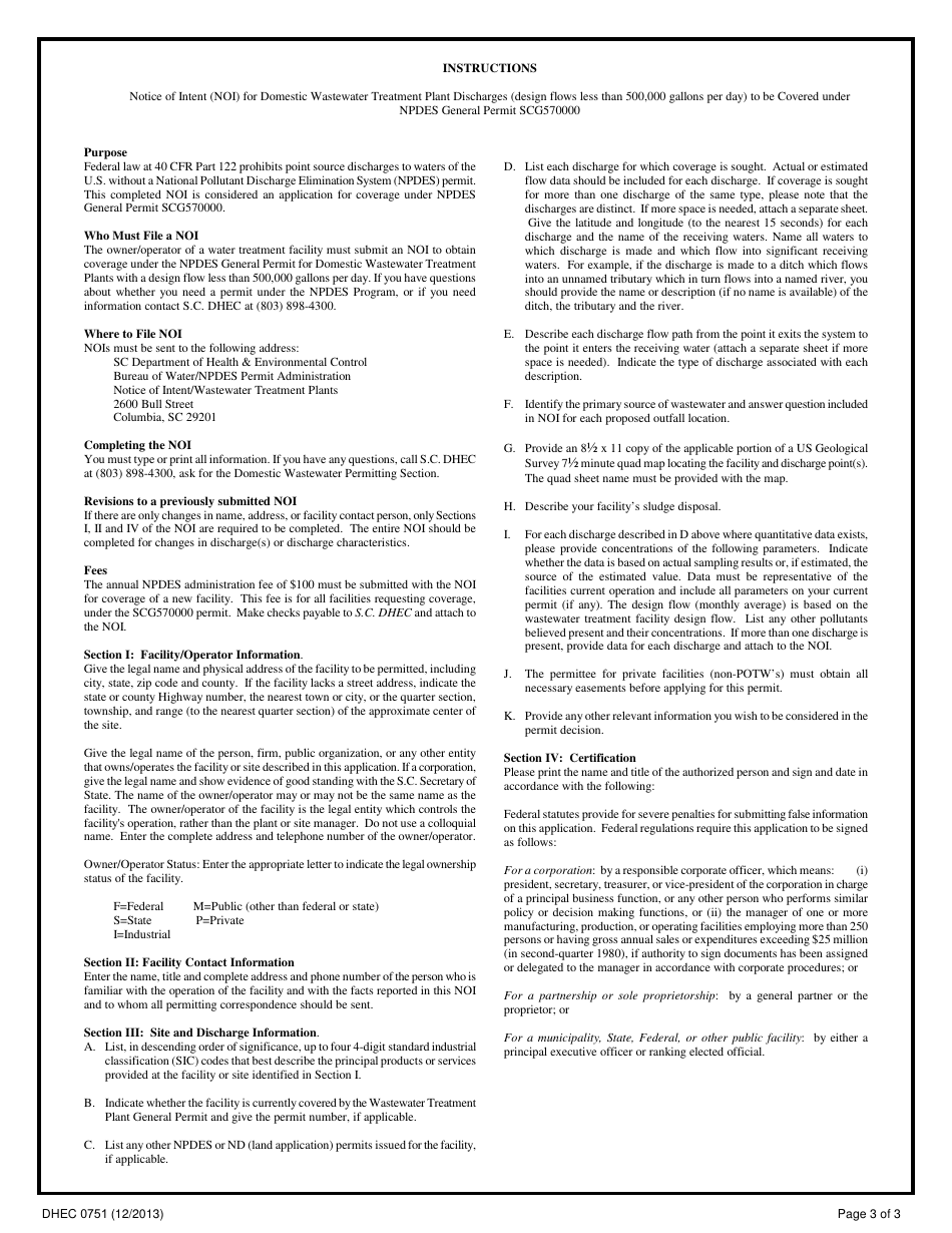 DHEC Form 0751 Notice of Intent (Noi) - Scg570000 - Npdes General Permit for Domestic Wastewater Treatment Plant Discharges (Design Flows Less Than 500,000 Gallons Per Day) - South Carolina, Page 3