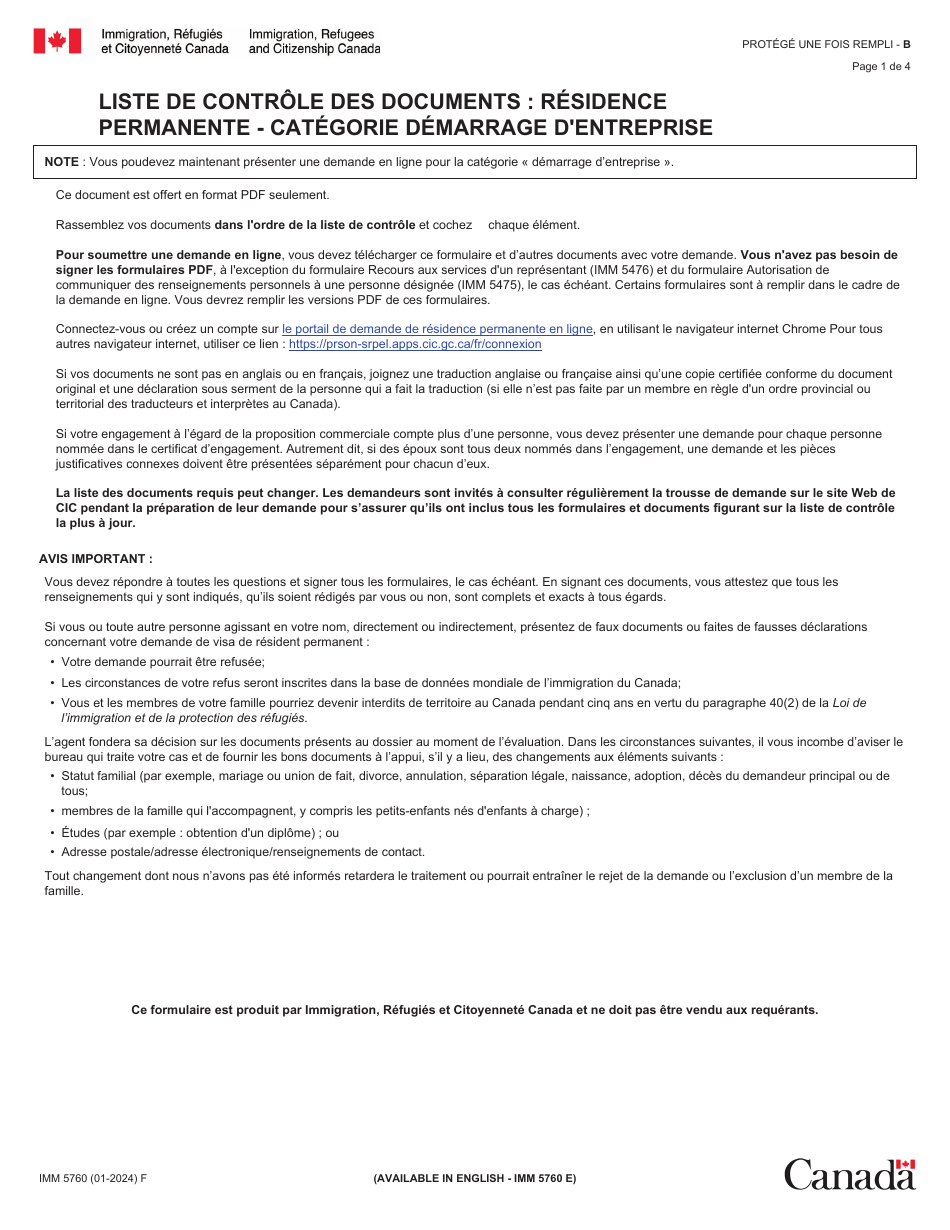 Forme IMM5760 Liste De Controle DES Documents: Residence Permanente - Categorie Demarrage Dentreprise - Canada (French), Page 1