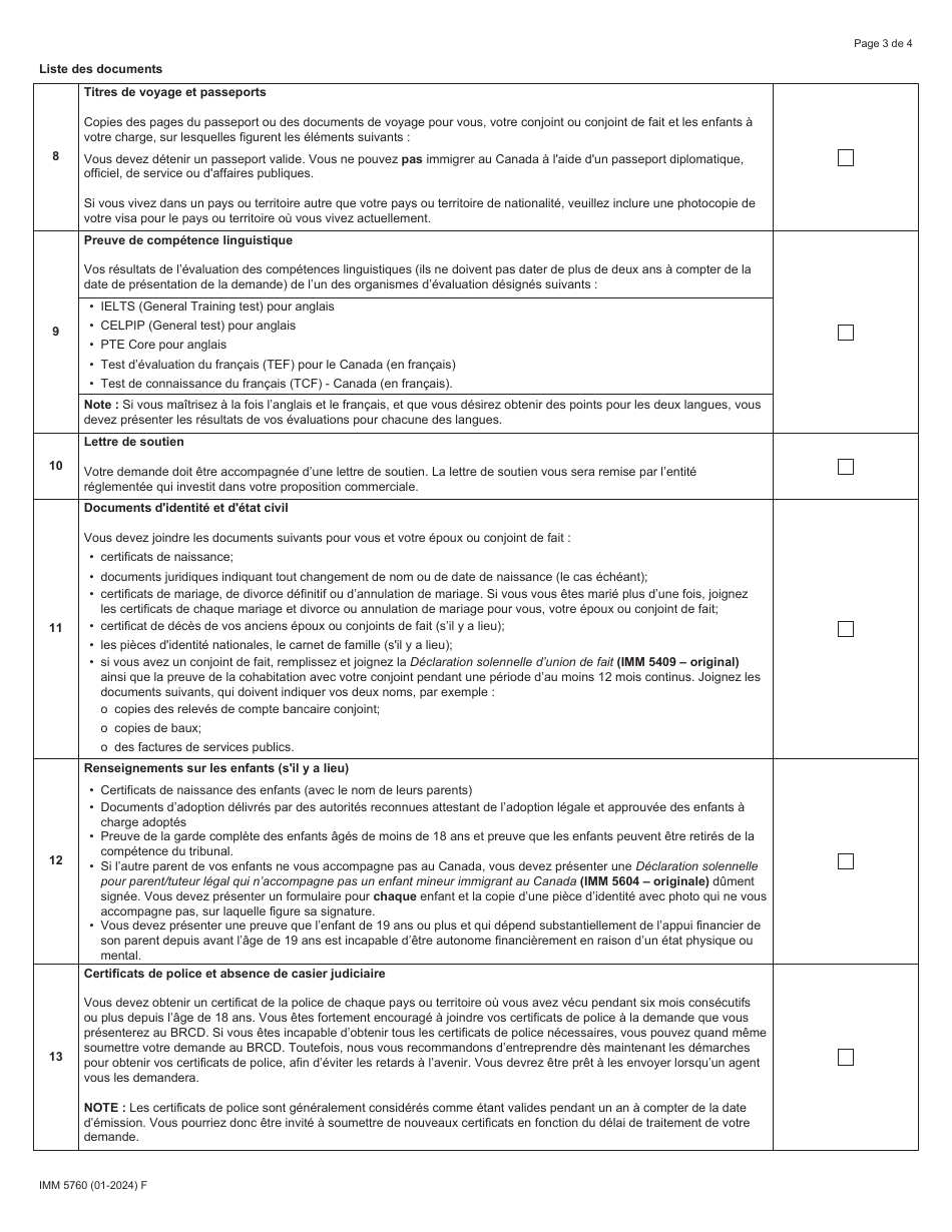 Forme IMM5760 Liste De Controle DES Documents: Residence Permanente - Categorie Demarrage Dentreprise - Canada (French), Page 3