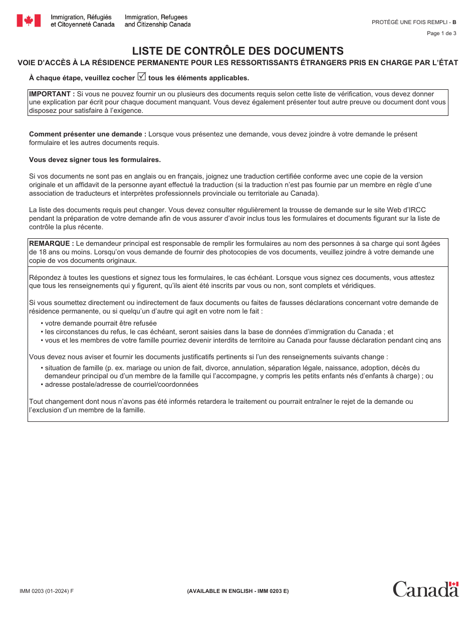 Forme IMM0203 Liste De Controle DES Documents - Voie Dacces a La Residence Permanente Pour Les Ressortissants Etrangers Pris En Charge Par Letat - Canada (French), Page 1