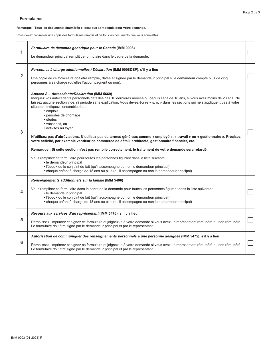 Forme IMM0203 Liste De Controle DES Documents - Voie Dacces a La Residence Permanente Pour Les Ressortissants Etrangers Pris En Charge Par Letat - Canada (French), Page 2