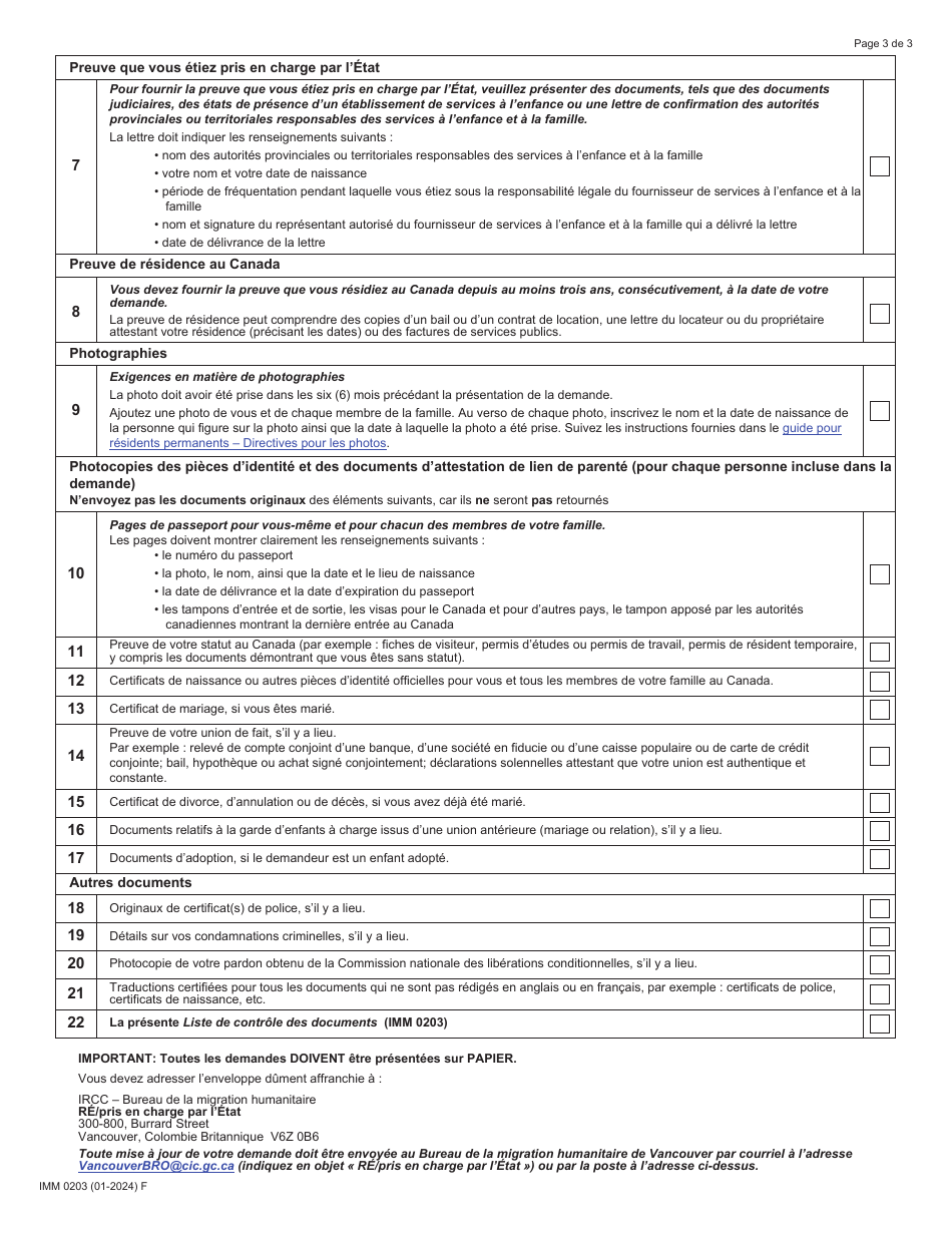 Forme IMM0203 Liste De Controle DES Documents - Voie Dacces a La Residence Permanente Pour Les Ressortissants Etrangers Pris En Charge Par Letat - Canada (French), Page 3