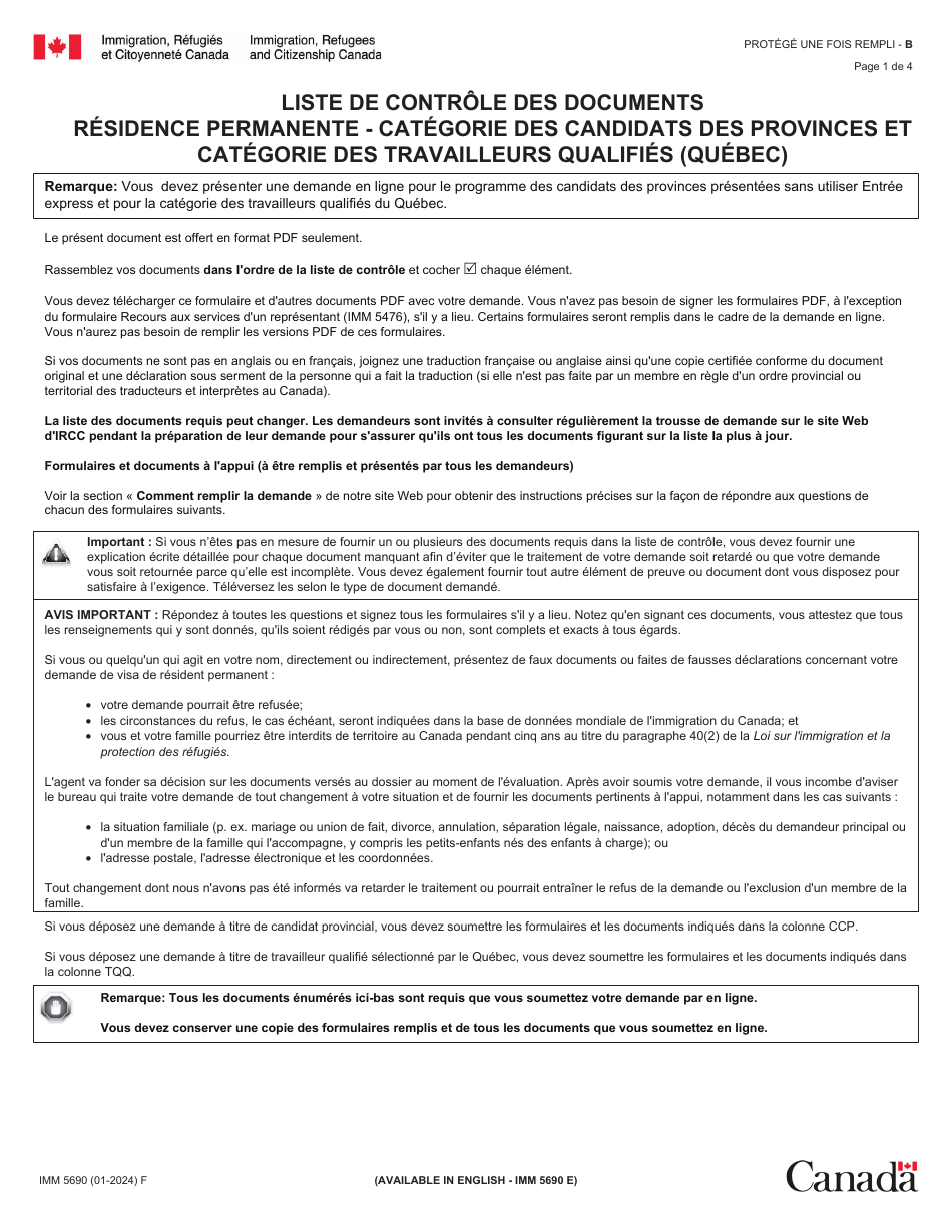 Forme IMM5690 Liste De Controle DES Documents Residence Permanente - Categorie DES Candidats DES Provinces Et Categorie DES Travailleurs Qualifies (Quebec) - Canada (French), Page 1