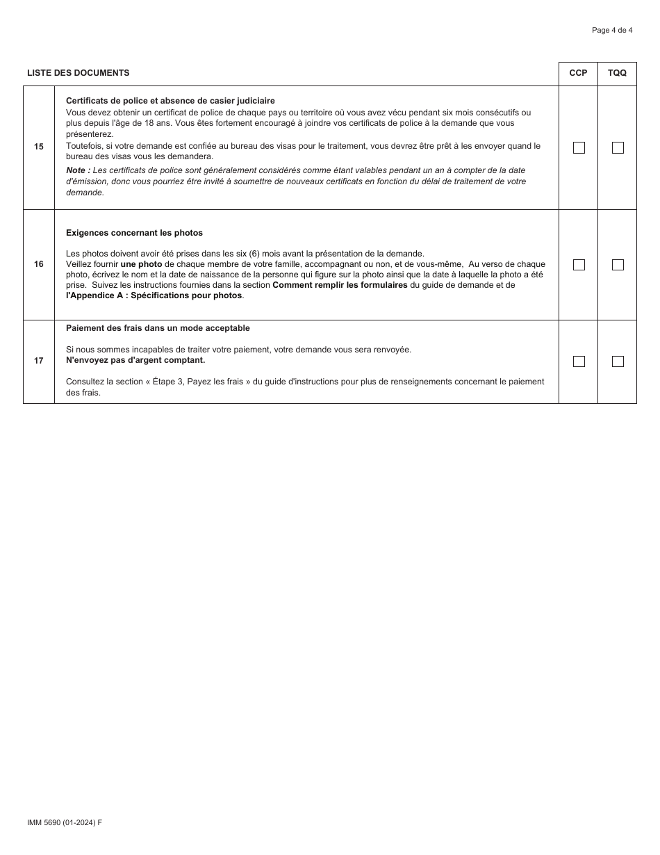 Forme IMM5690 Liste De Controle DES Documents Residence Permanente - Categorie DES Candidats DES Provinces Et Categorie DES Travailleurs Qualifies (Quebec) - Canada (French), Page 4