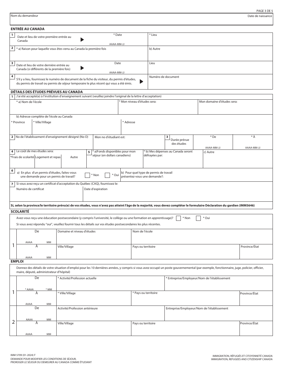 Forme IMM5709 Demande Pour Modifier Les Conditions De Sejour, Proroger Le Sejour Ou Demeurer Au Canada Comme Etudiant - Canada (French), Page 3