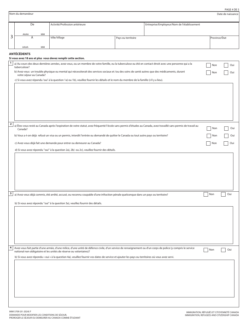 Forme IMM5709 Demande Pour Modifier Les Conditions De Sejour, Proroger Le Sejour Ou Demeurer Au Canada Comme Etudiant - Canada (French), Page 4