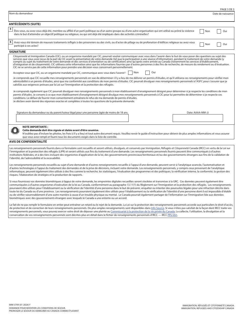 Forme IMM5709 Demande Pour Modifier Les Conditions De Sejour, Proroger Le Sejour Ou Demeurer Au Canada Comme Etudiant - Canada (French), Page 5