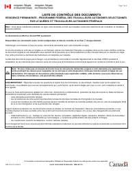 Document preview: Forme IMM5784 Liste De Controle DES Documents - Residence Permanente - Programme Federal DES Travailleurs Autonomes Selectionnes Par Le Quebec Et Travailleurs Autonomes Federaux - Canada (French)