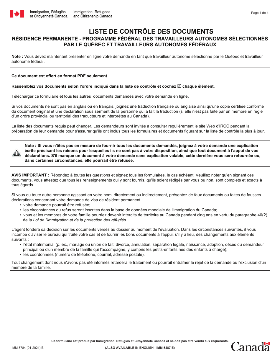 Forme IMM5784 Liste De Controle DES Documents - Residence Permanente - Programme Federal DES Travailleurs Autonomes Selectionnes Par Le Quebec Et Travailleurs Autonomes Federaux - Canada (French), Page 1