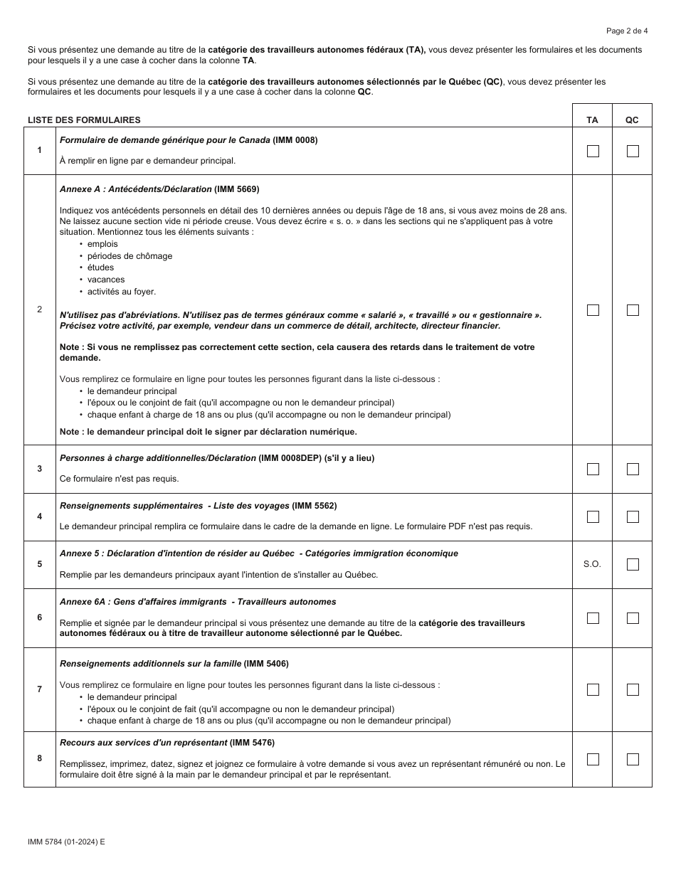 Forme IMM5784 Liste De Controle DES Documents - Residence Permanente - Programme Federal DES Travailleurs Autonomes Selectionnes Par Le Quebec Et Travailleurs Autonomes Federaux - Canada (French), Page 2
